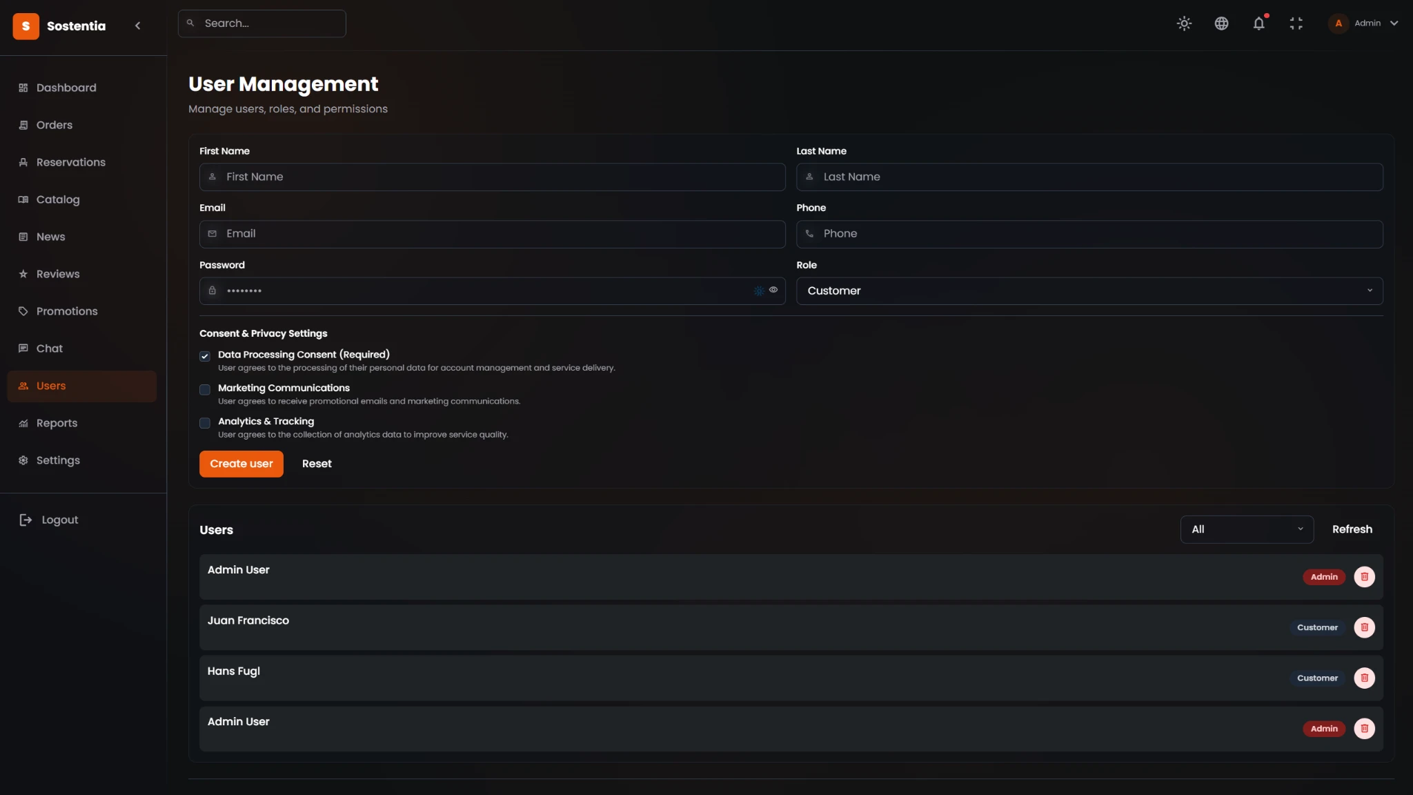 Users screen screenshot